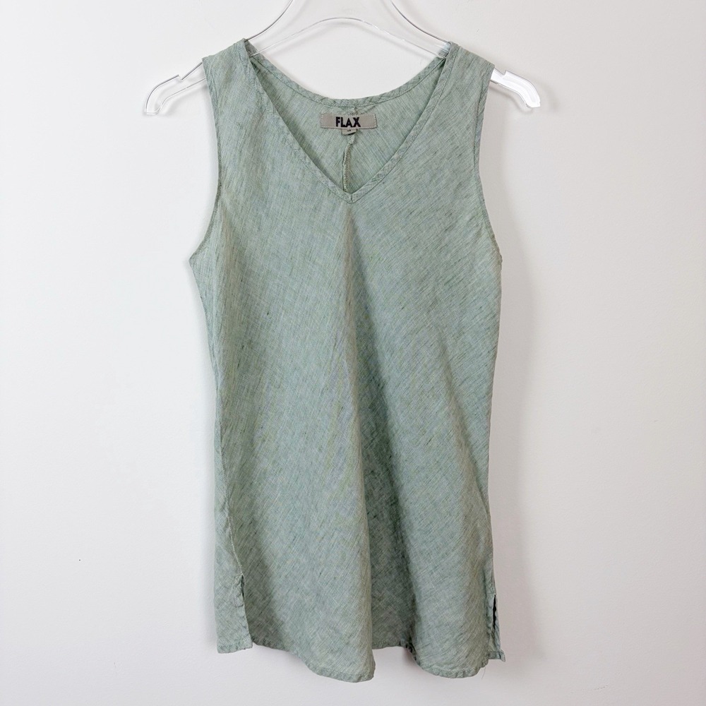 Flax Linen Sleeveless Tunic Top Lagenlook Size Small Tank V-Neck Green